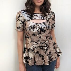 Nikibiki Midnight Sequin Gold Black Futuristic Peplum Top S